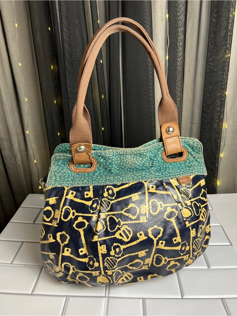 Fossil Keyper Purse with Key Print and Teal Top Panel